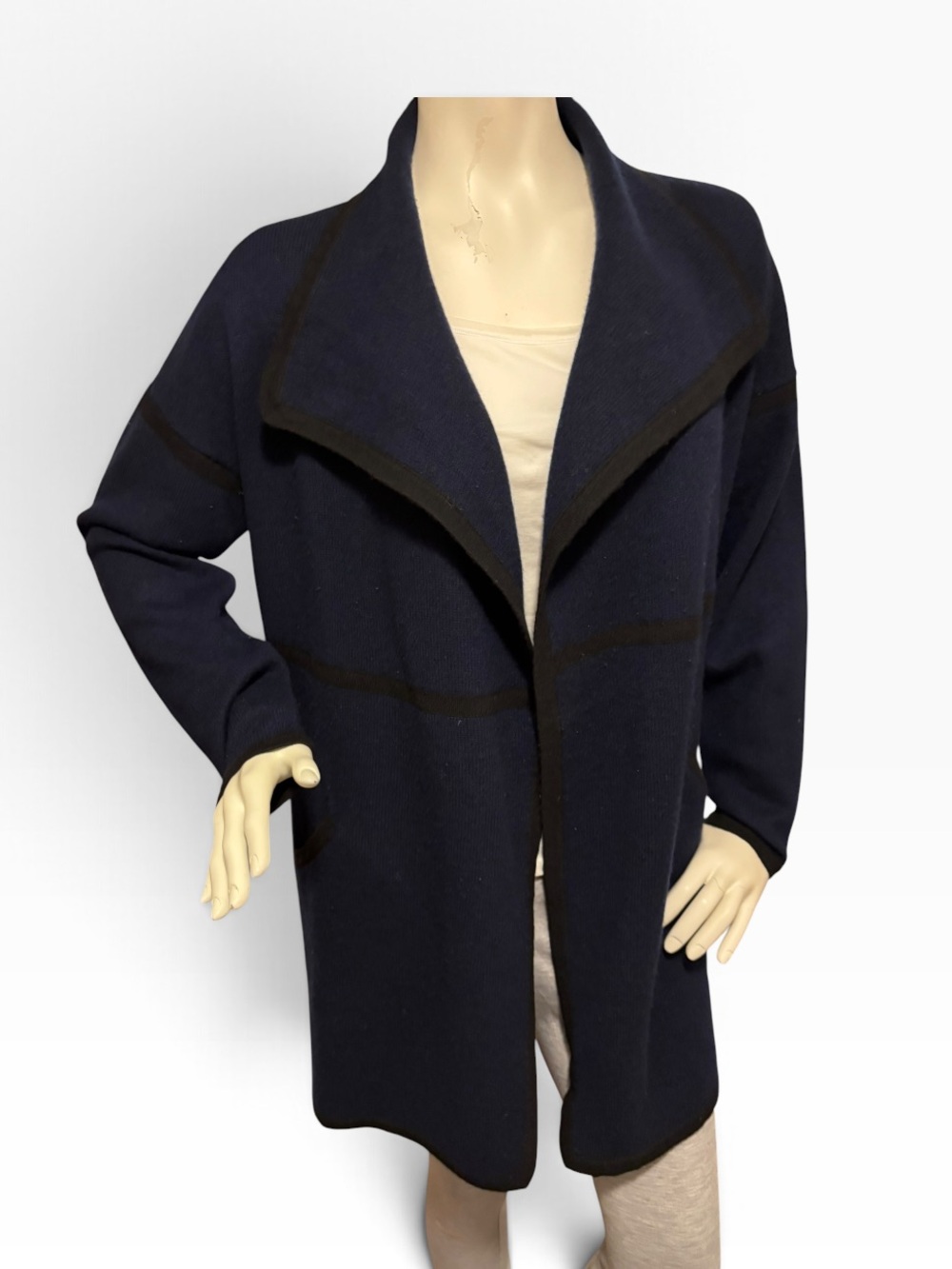 Eileen Fisher Cashmere Navy Knit Open Cardigan with Black Trim, Women’s Medium